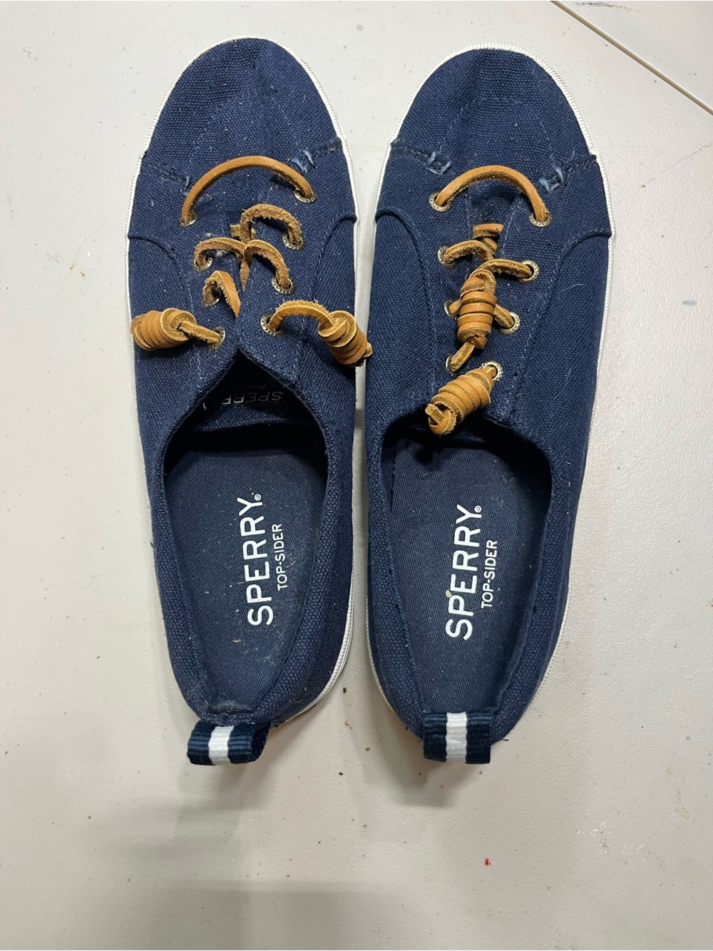 Sperry Navy Canvas Sneakers with Tan Leather Laces 9